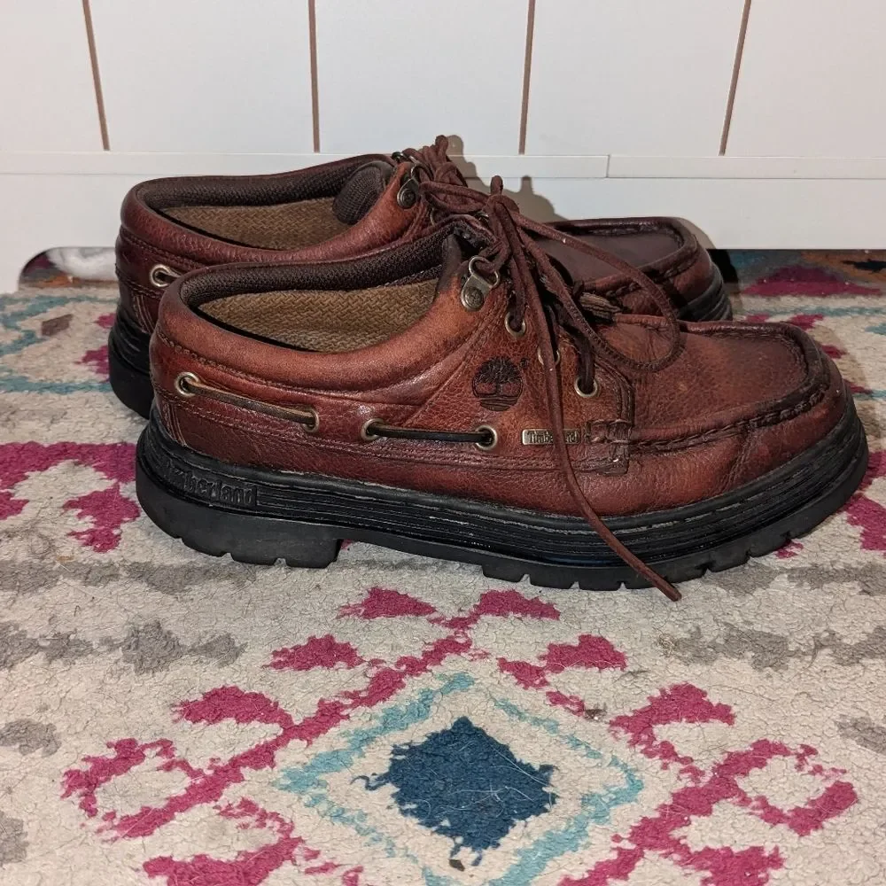 Timberland Y2K Men's Size 8.5 Three Hook‎ Cherry Brown Leather Boat Shoes Preppy